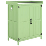 Outsunny Wooden Garden Tool Storage Cabinet with Hinged Roof, Double Doors and 2 Shelves – Light Green