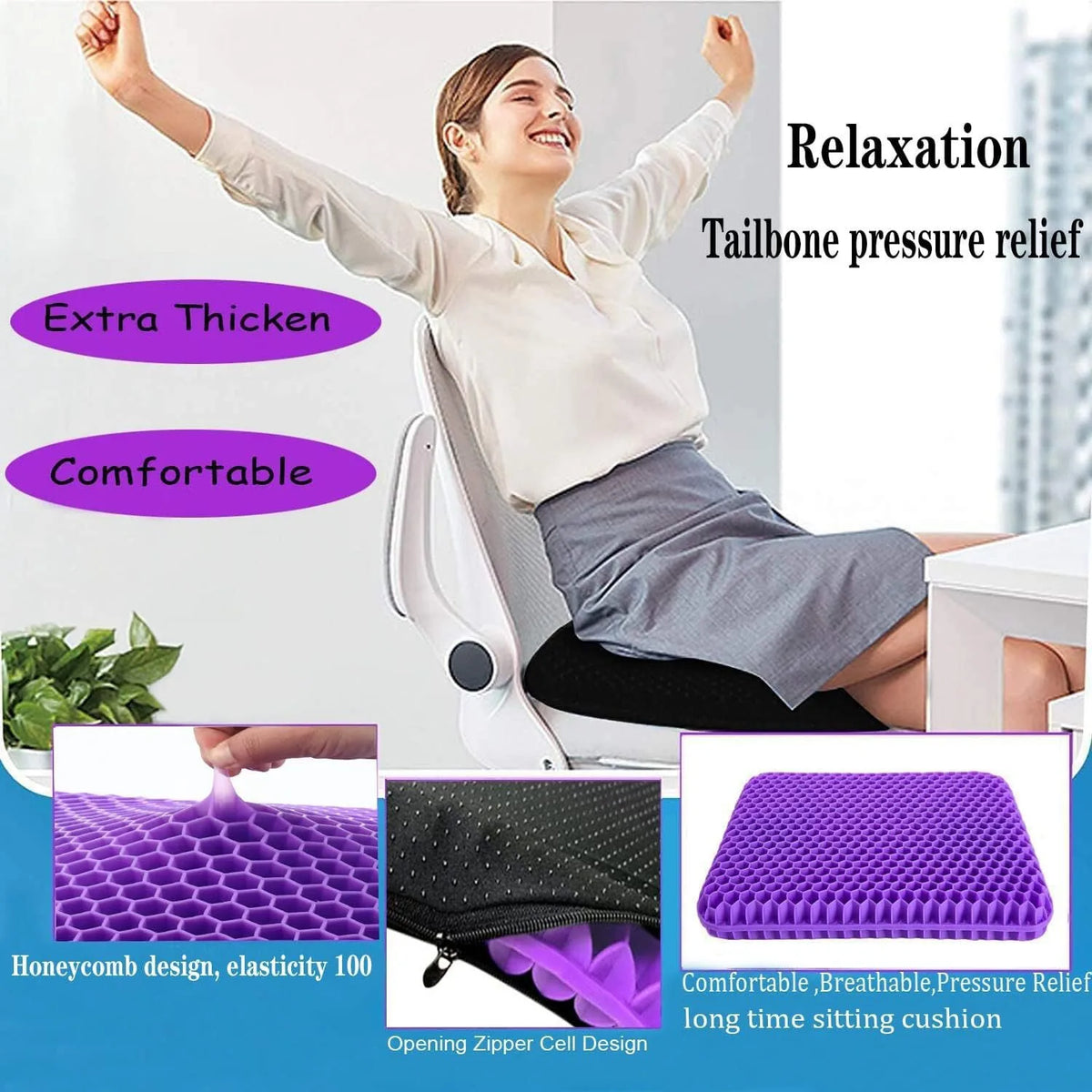 Orthopaedic Honeycomb Gel Seat Cushion, 3.5cm Extra Thick with Non-Slip Cover – Office, Car, Wheelchair, Purple