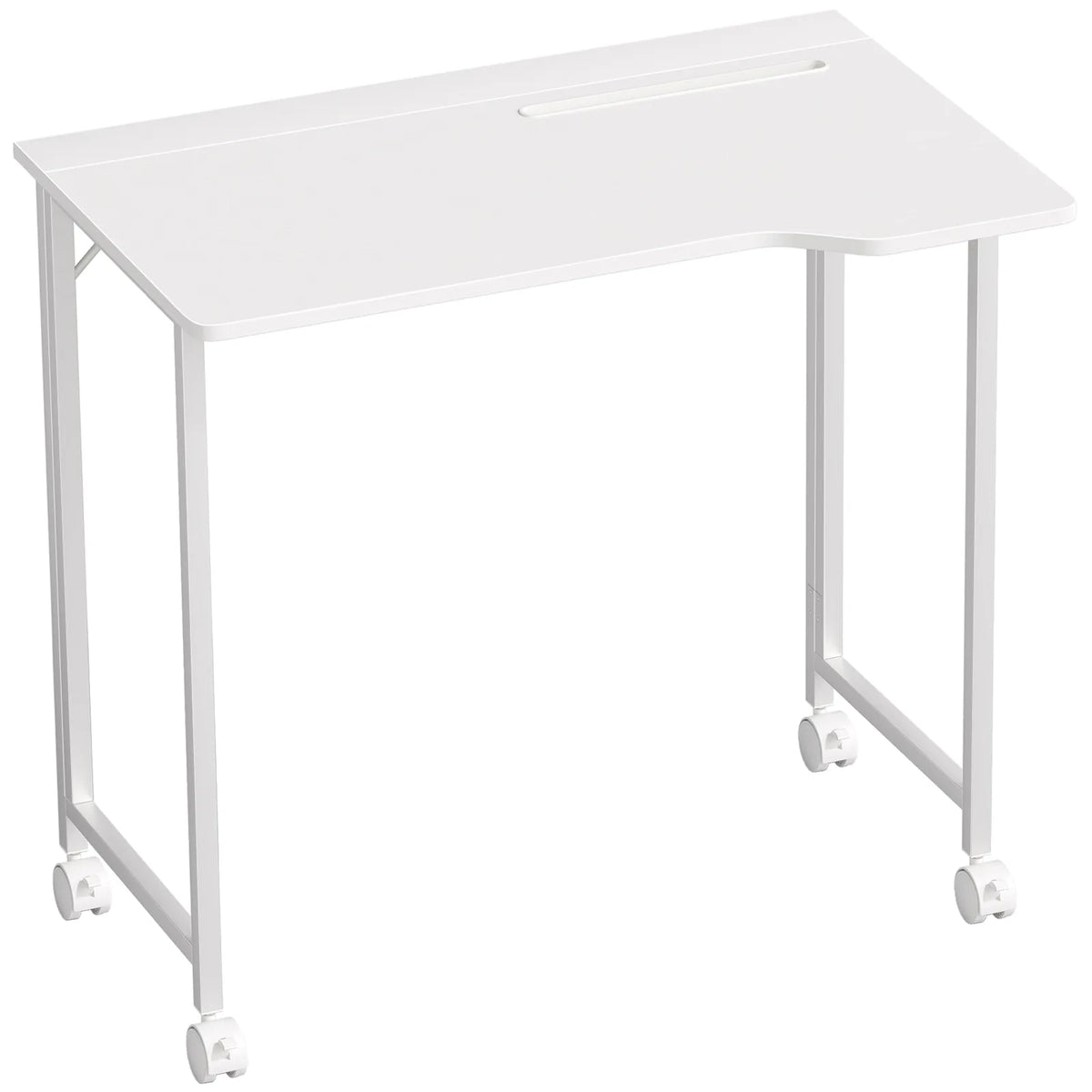 HOMCOM Small Folding Desk with 4 Lockable Wheels & Device Slot – Space-Saving Study Desk, White Wood-Effect