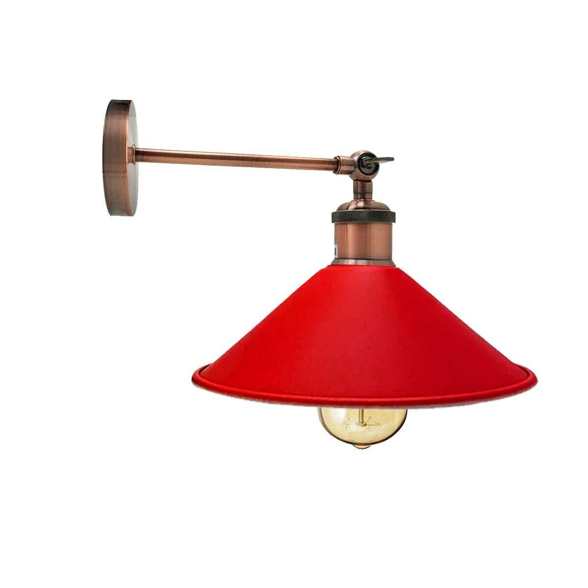 LEDSone Vintage Industrial Loft Wall Light with E27 Holder & Adjustable Arm – Rustic Metal Cone Sconce, Red
