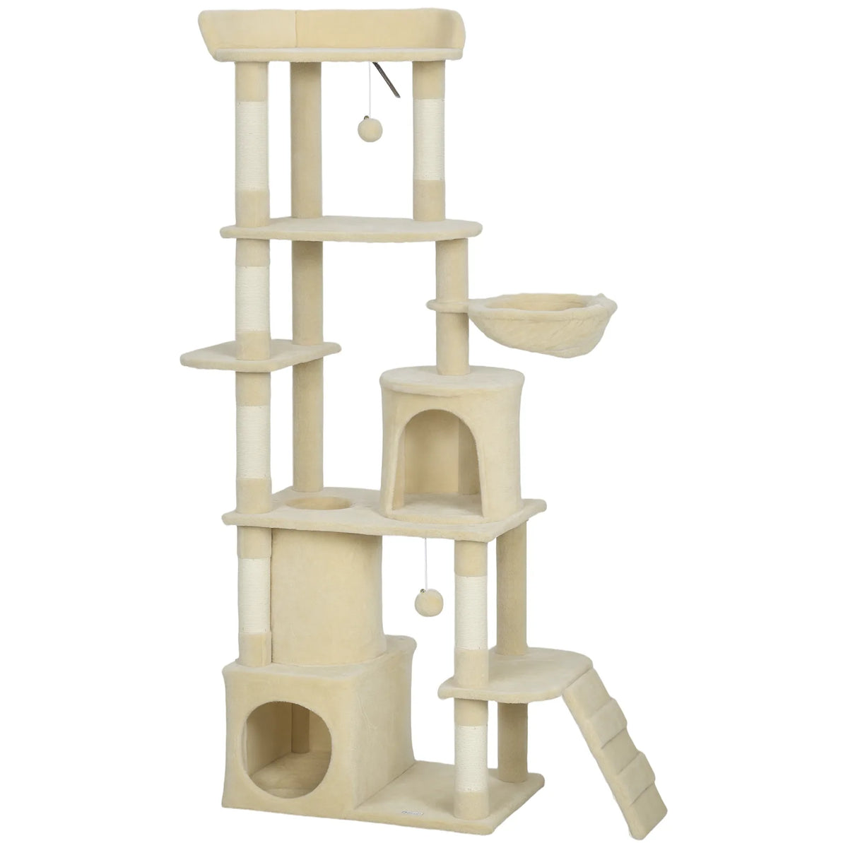 PawHut 170cm Large Cat Tree with 7 Scratching Posts, Tunnel, 2 Condos, Hammock & Perch – Cat Tower, Beige
