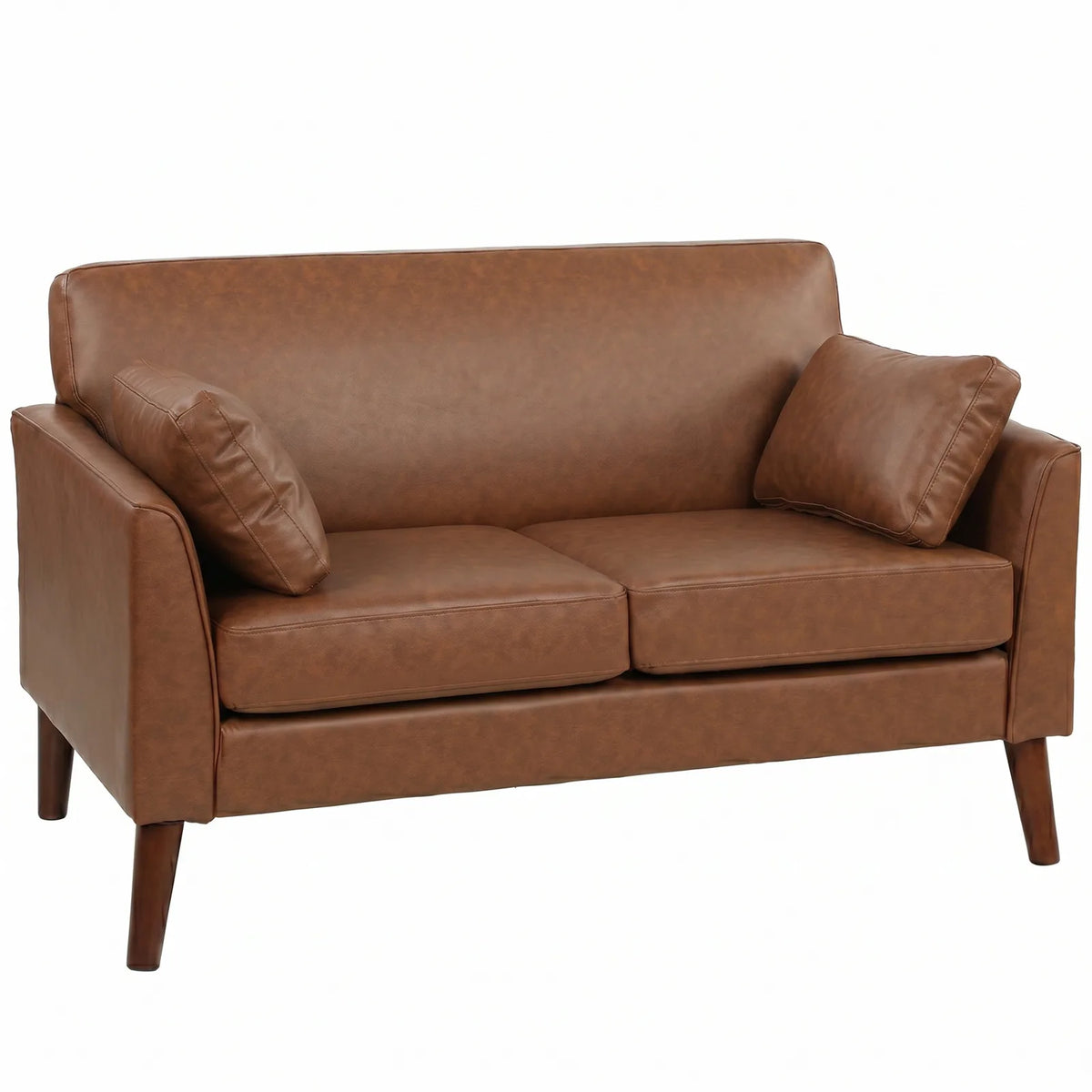 HOMCOM 2 Seater Sofa, 132 cm Small Loveseat with Solid Wood Legs and 2 Pillows – PU Leather Couch for Small Spaces, Brown