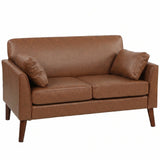 HOMCOM 2 Seater Sofa, 132 cm Small Loveseat with Solid Wood Legs and 2 Pillows – PU Leather Couch for Small Spaces, Brown