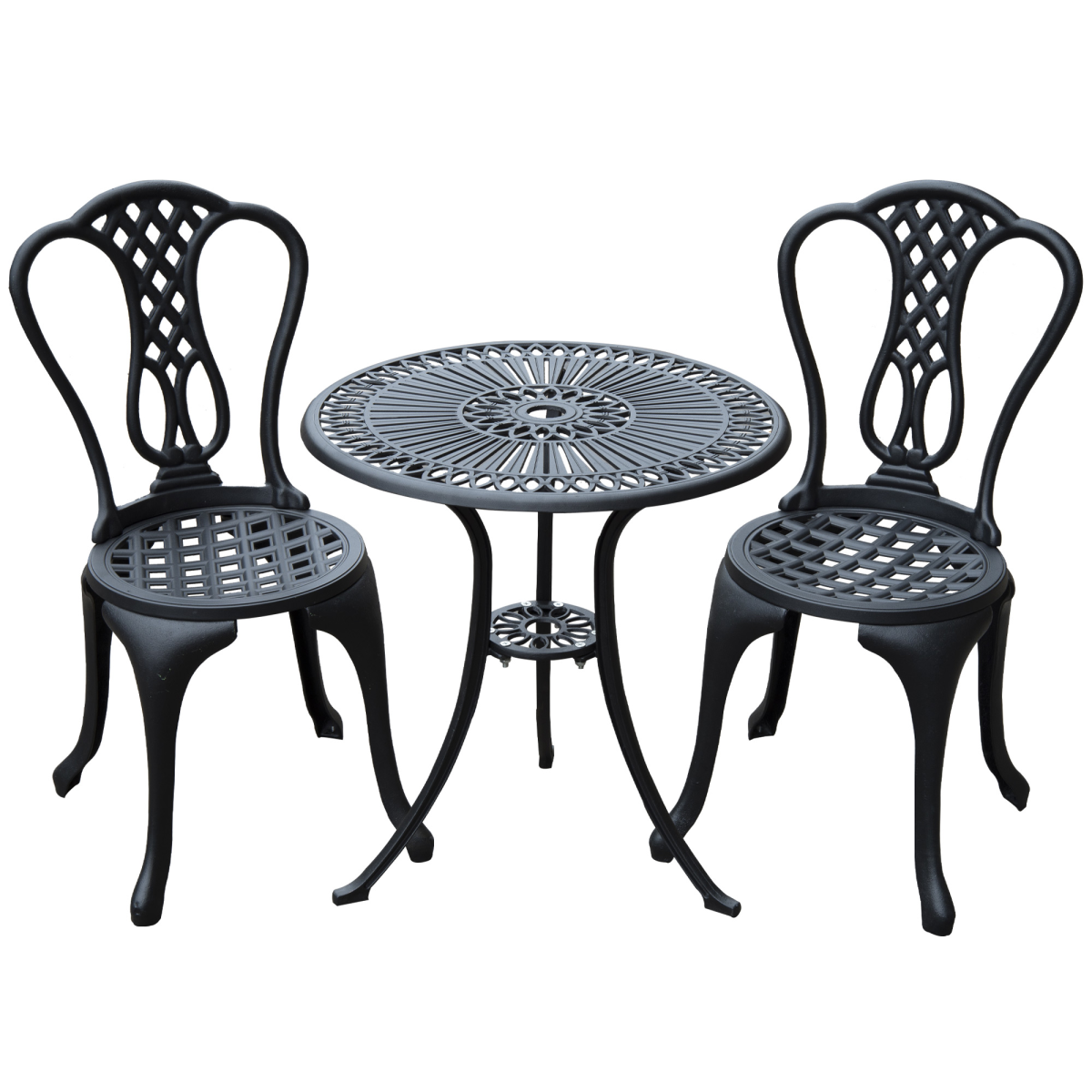 Outsunny 3-Piece Cast Aluminium Bistro Set with Parasol Hole – Garden Table & 2 Chairs for Patio