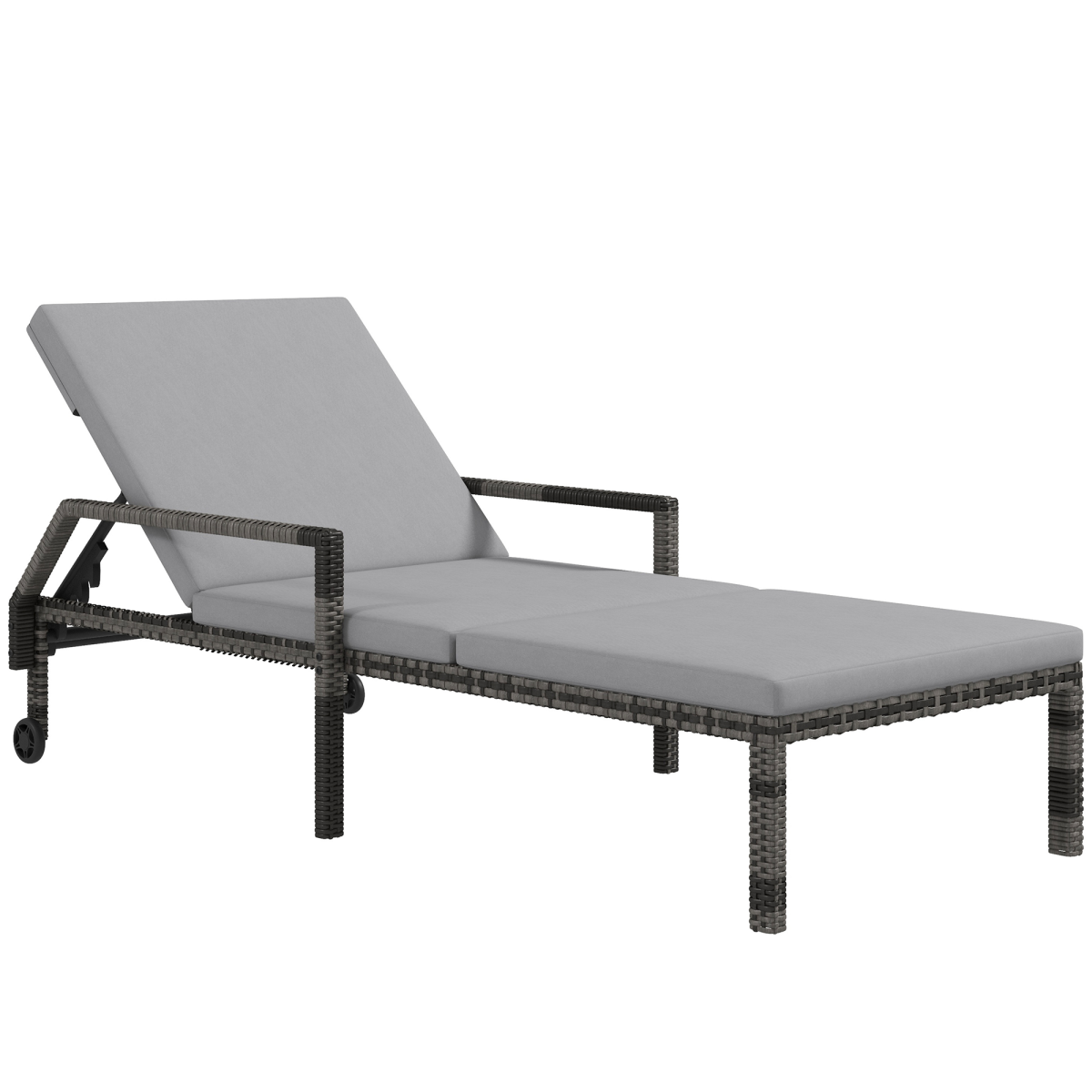 Outsunny PE Rattan Chaise Sun Lounger with 5-Level Adjustable Backrest, Cushion & Wheels – Garden Lounger, Grey