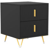 HOMCOM Fluted Bedside Table with 2 Drawers and Gold-Tone Handles, Compact Nightstand with Hairpin Legs – Black