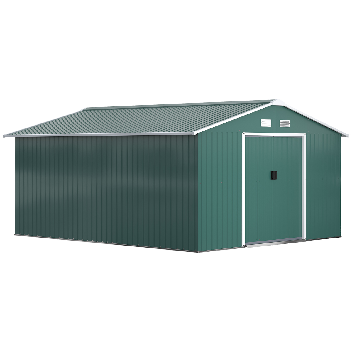 Outsunny 13ft x 11ft Galvanised Metal Garden Shed with Sliding Doors, Foundation & Ventilation – Outdoor Storage, Green