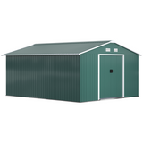 Outsunny 13ft x 11ft Galvanised Metal Garden Shed with Sliding Doors, Foundation & Ventilation – Outdoor Storage, Green