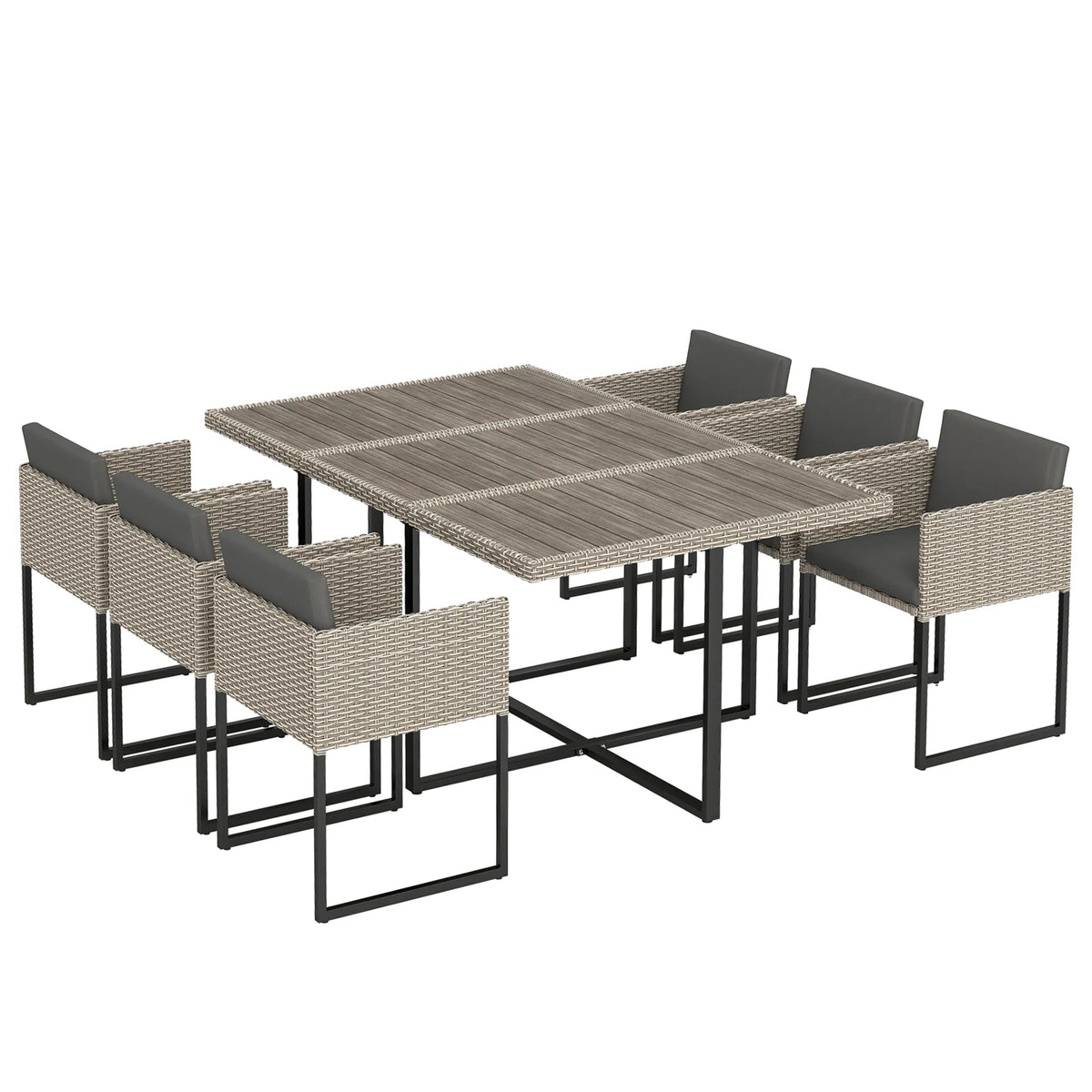 Outsunny 7 Piece Rattan Garden Dining Set with Wood-Plastic Table, 6 Stackable Chairs – Light Grey