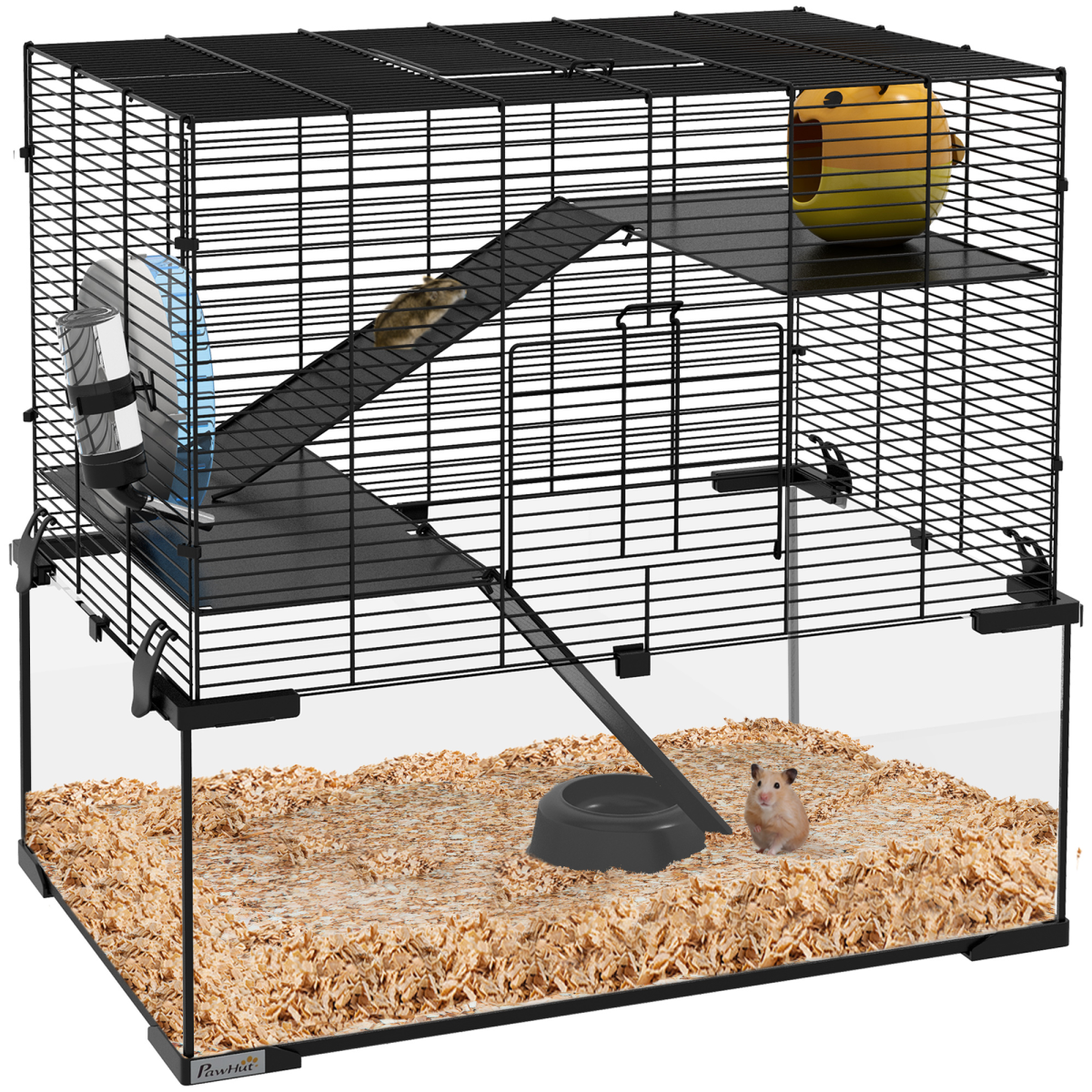 PawHut 3-Tier Hamster Cage with Deep Glass Base, Running Wheel, Food Bowl and Hut – 60 x 40 x 57cm