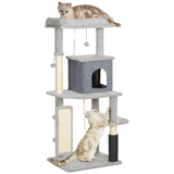PawHut 132cm Cat Tree for Indoor Cats with Scratching Posts, Cat House, Bed & Anti-Tip Kit – Light Grey
