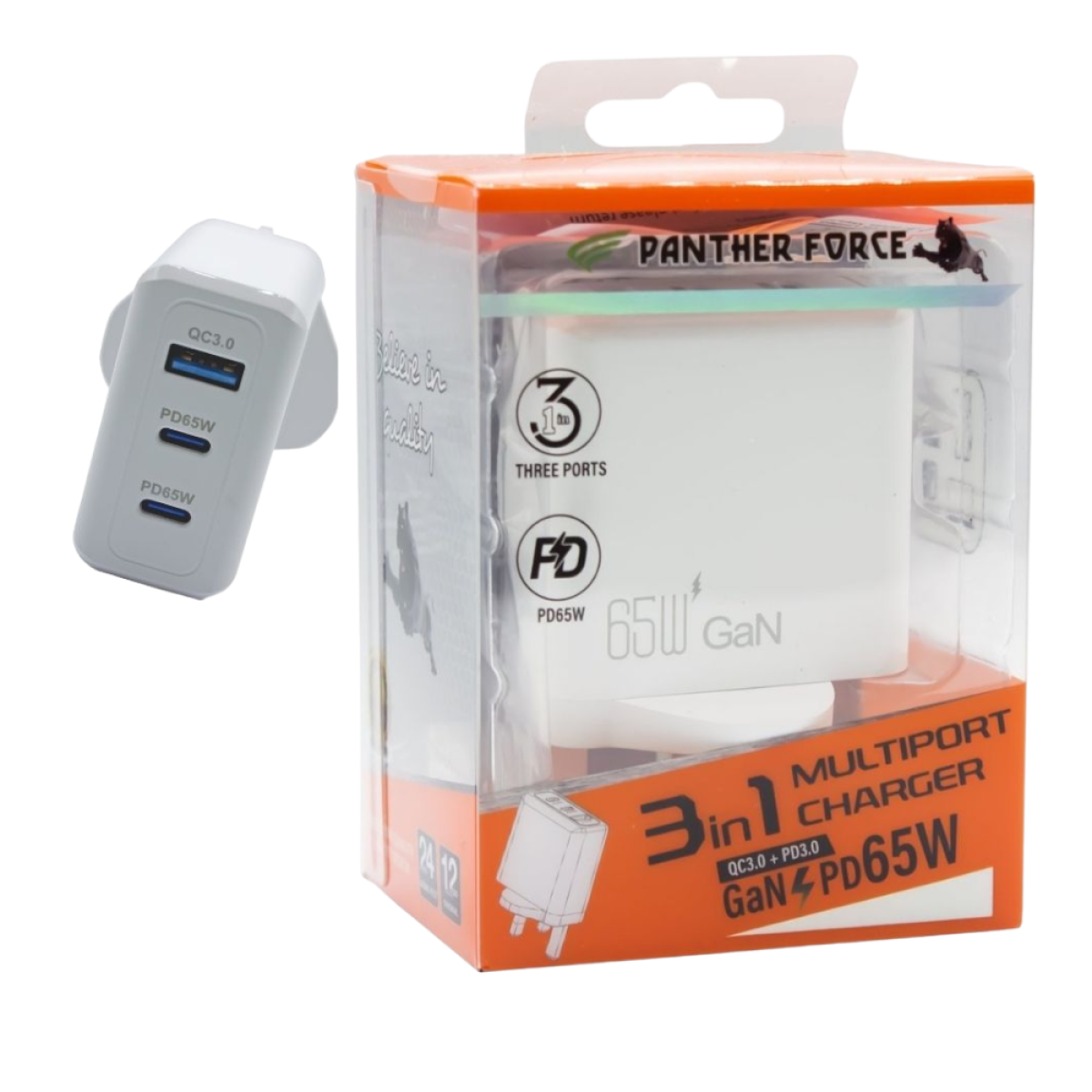 Panther Force 65W Fast Charger Plug with 2 USB-C & 1 USB-A Ports – Multi-Device Wall Charger