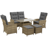 Outsunny 6-Piece Rattan Dining Set with Reclining Chairs, Glass Table and Cushions – Garden Furniture, Grey