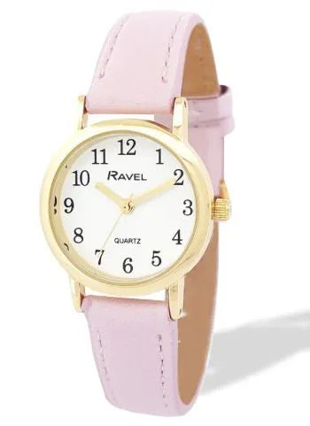 Ravel Ladies Gold-Tone Watch with White Dial and Pink Faux Leather Strap