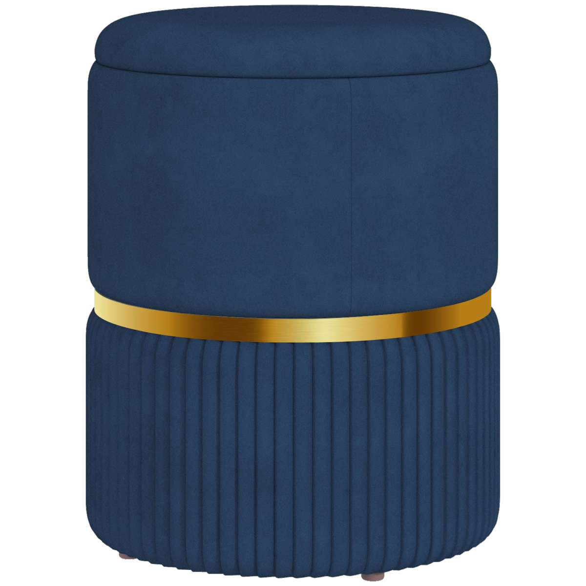 HOMCOM Round Pouffe with Fluted Design, Gold Tone Accents & Hidden Storage – Footstool, Dark Blue