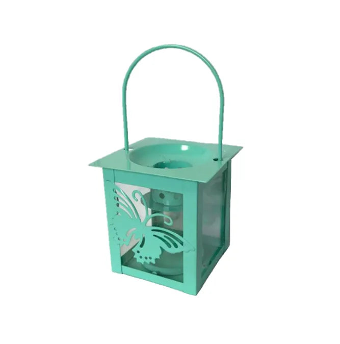 Small Metal Glass Square Garden Lantern Tealight Candle Holder Butterfly Design Assorted Colours
