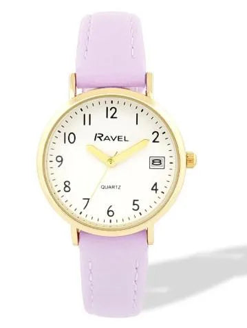 Ravel Ladies Gold-Tone Dated Watch with White Dial and Purple Faux Leather Strap