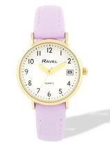 Ravel Ladies Gold-Tone Dated Watch with White Dial and Purple Faux Leather Strap