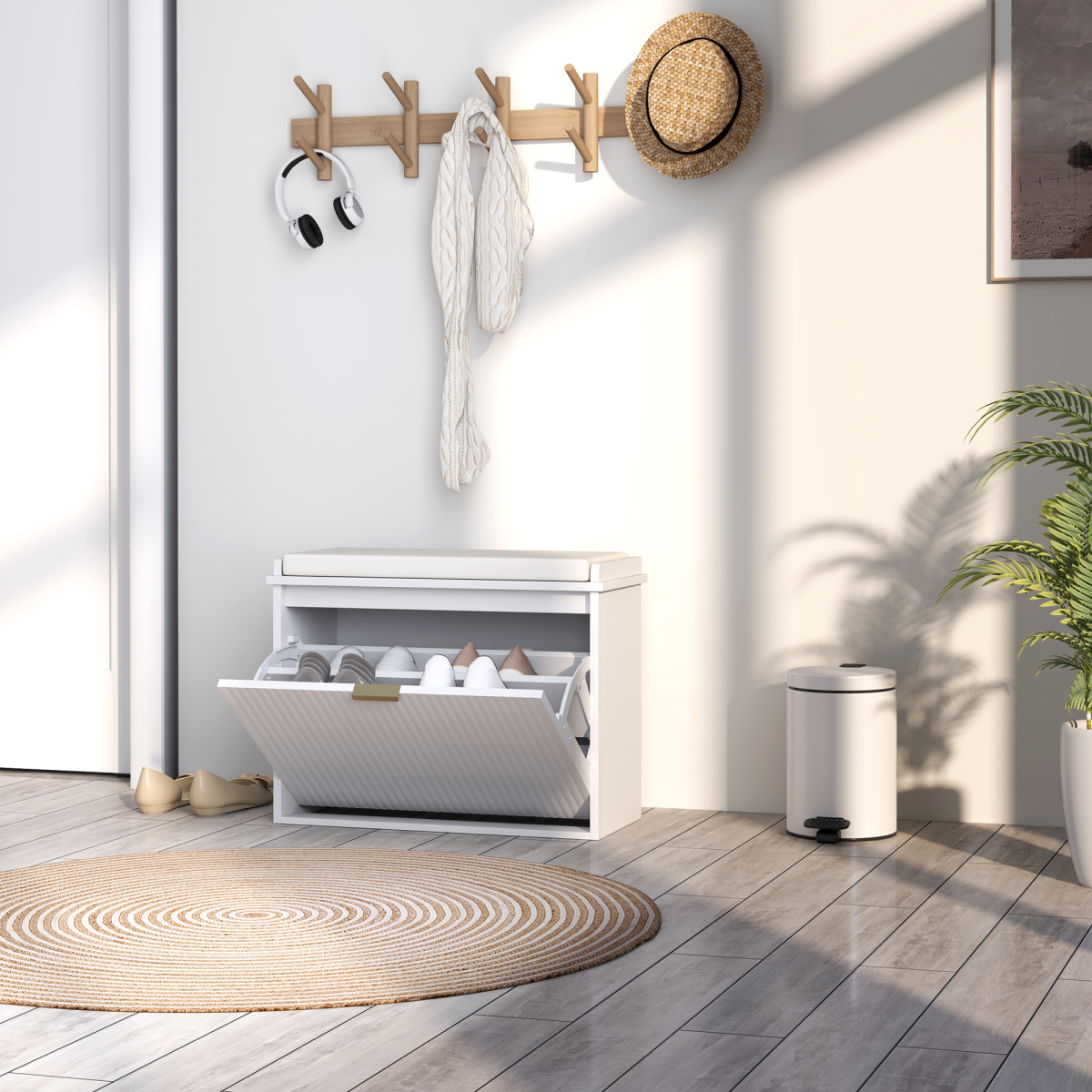 Shoe Storage Bench with Cushioned Seat & Drawer for 6 Pairs – 62cm Hallway Shoe Cabinet, White and Beige