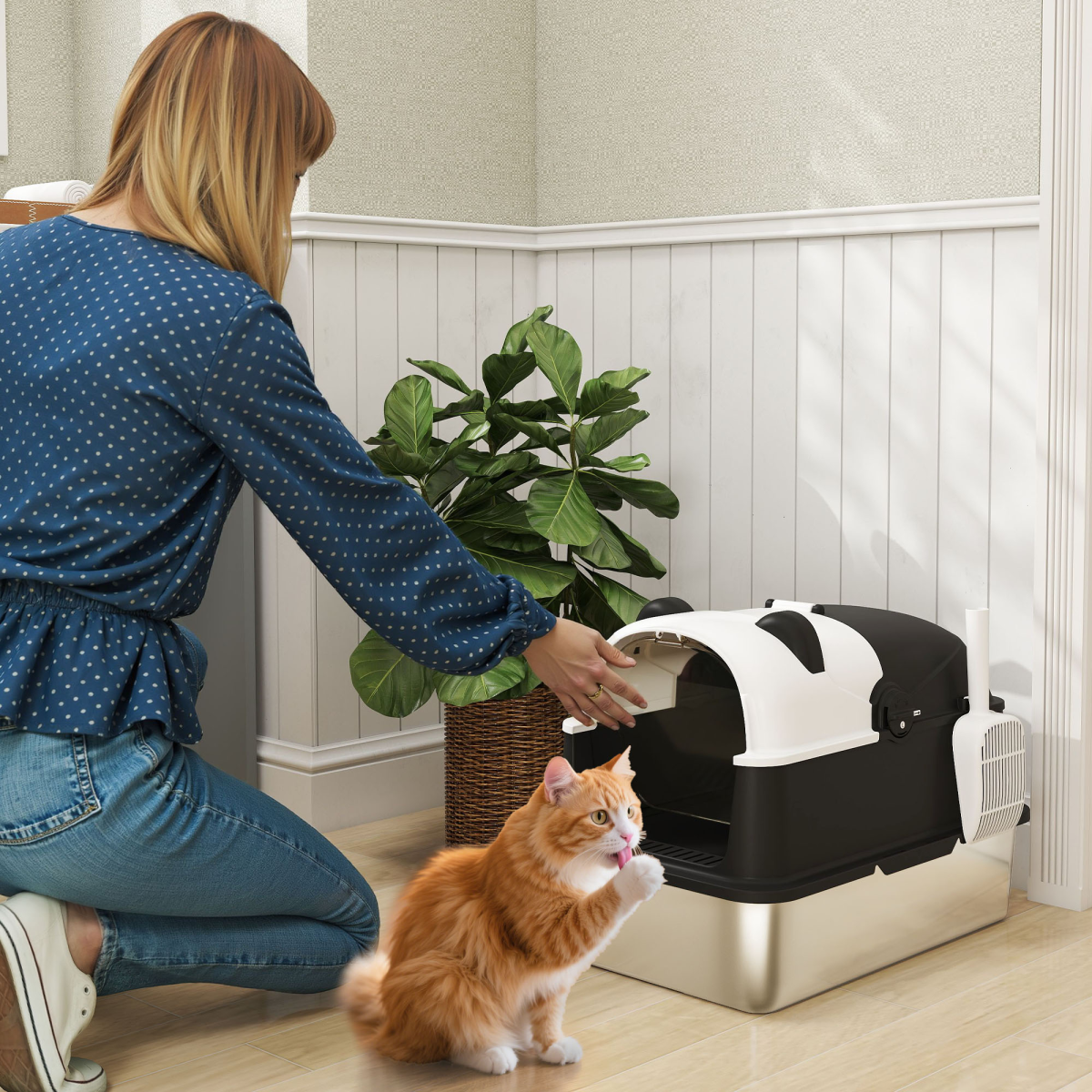 XL Stainless Steel Enclosed Cat Litter Box with Panda Design, Flip-Top Lid, Scoop and Deodoriser