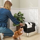 XL Stainless Steel Enclosed Cat Litter Box with Panda Design, Flip-Top Lid, Scoop and Deodoriser