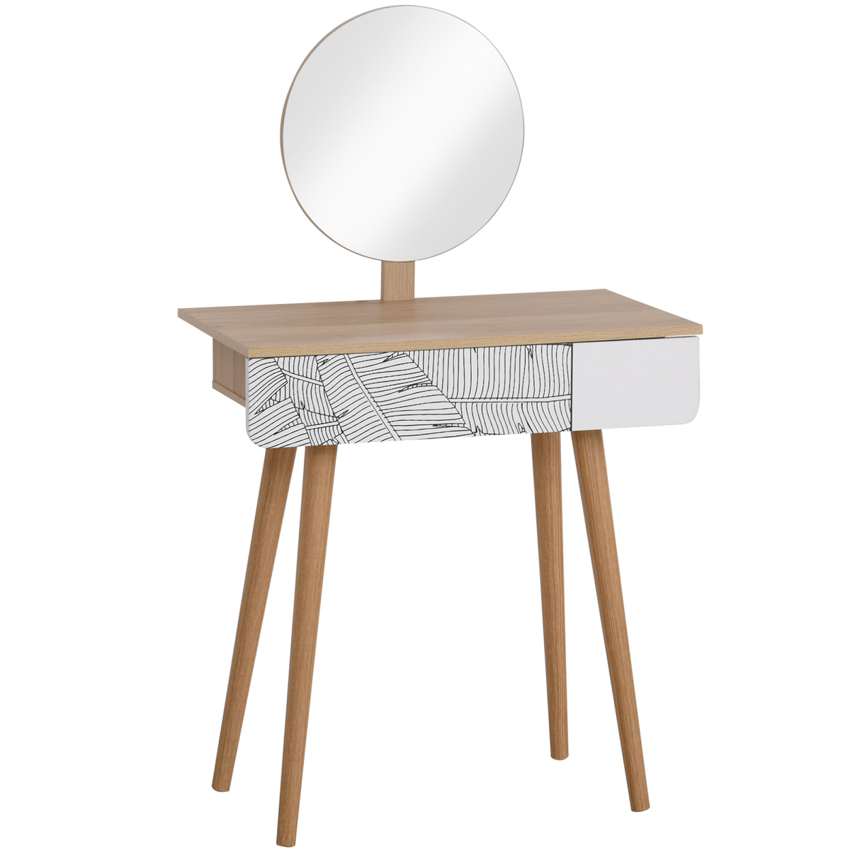 HOMCOM Nordic Dressing Table with Adjustable Round Mirror and Large Drawer – Solid Wood Vanity, Brown/White