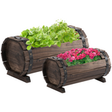 Outsunny Set of 2 Solid Wood Raised Planter Boxes – Carbonised Wooden Flower Beds for Garden, Patio and Balcony