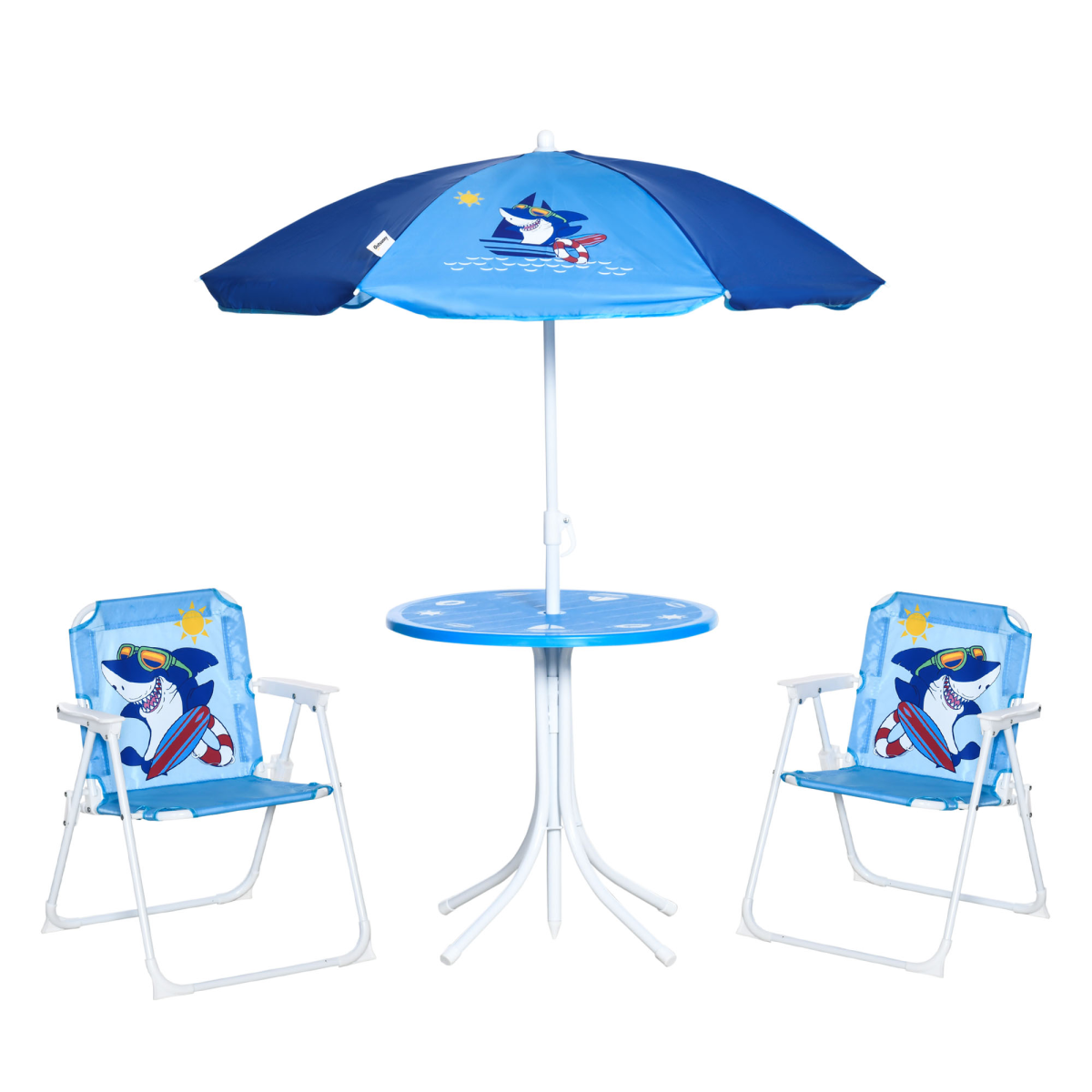 Kids Foldable Four-Piece Garden Set with Round Table, 2 Chairs & Umbrella – Shark Design Play Set, Blue