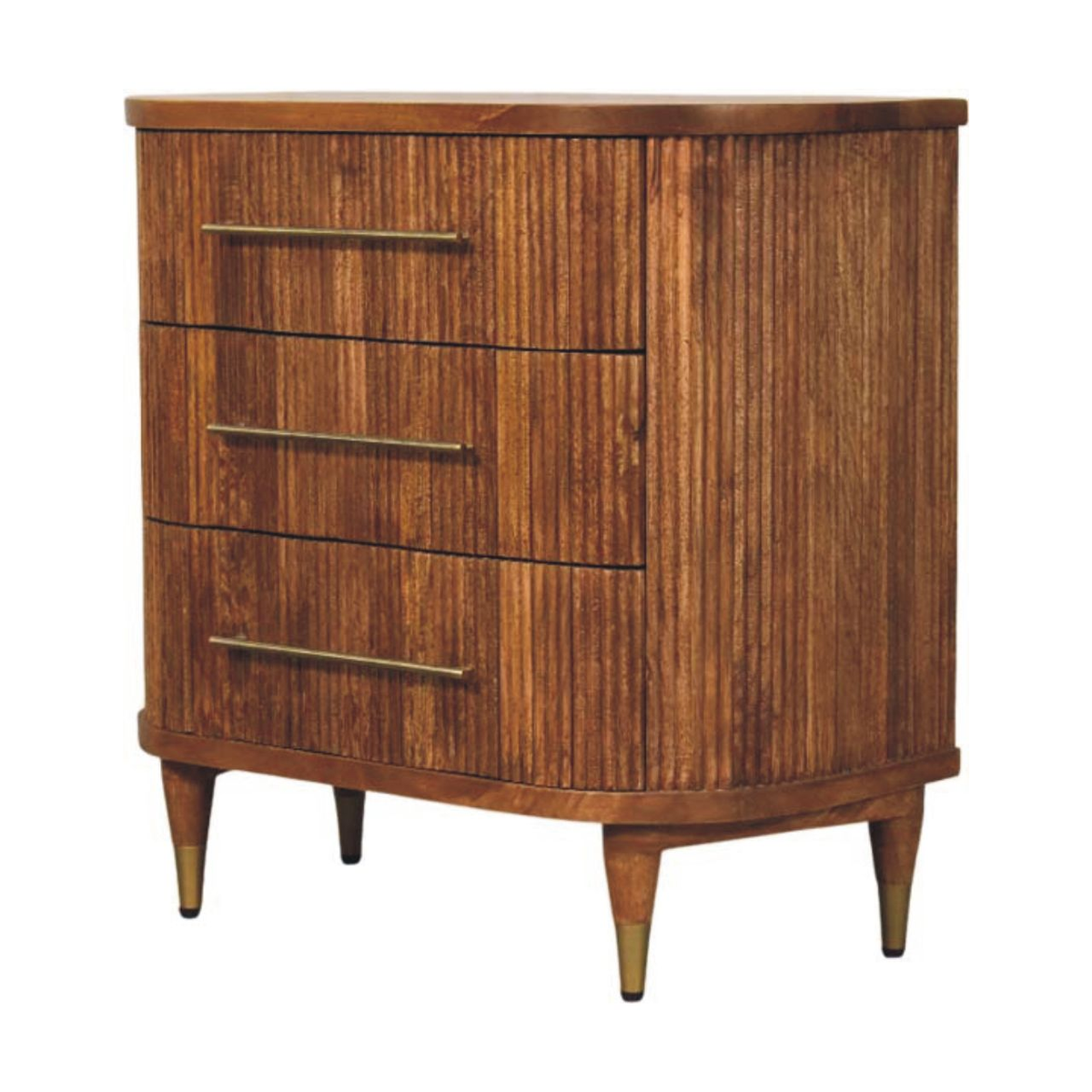 Artisan Furniture Emerson Ribbed Chest of 3 Drawers – Solid Mango Wood with Brass Handles, Amber Oak Brown