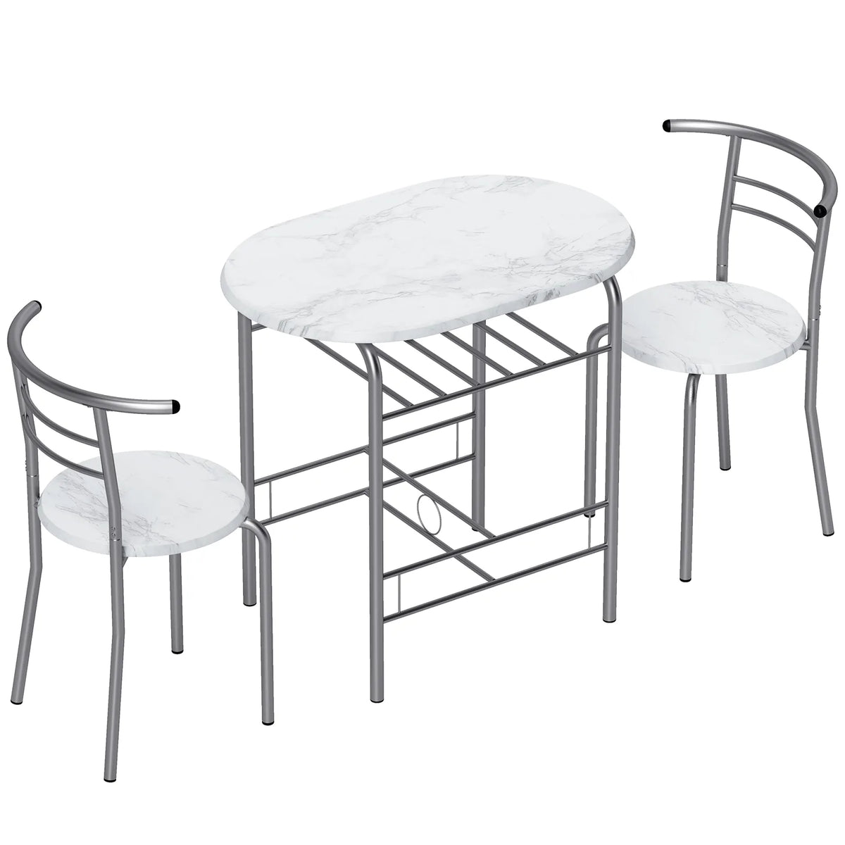 HOMCOM Three-Piece Compact Dining Set with Table Shelf and 2 Chairs – Breakfast Set, White Marble Effect