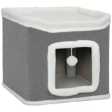 PawHut 2-Level Cat House with Top Bed and Fluffy Balls – Cosy Indoor Cat Cave for Kittens, Grey