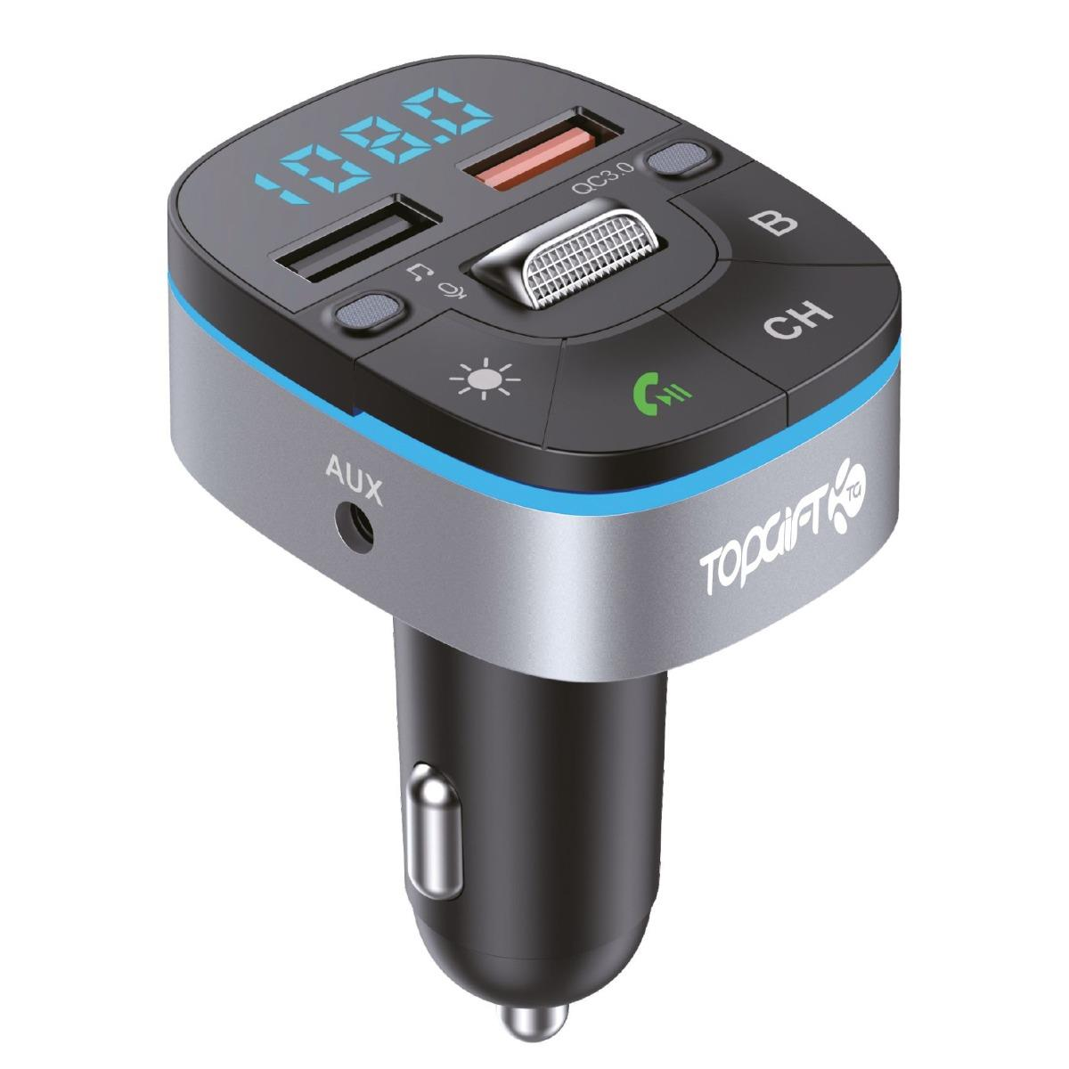 WYEFLOW In-Car Edge FM Transmitter with Bluetooth 5.0, MP3 Player & Fast USB Charger – Black/Silver