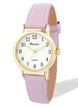 Ravel Ladies Gold-Tone Watch with White Dial and Purple Faux Leather Strap, Small Case