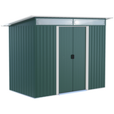 Green pent roof metal garden shed with sliding door