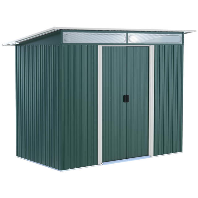 Green pent roof metal garden shed with sliding door