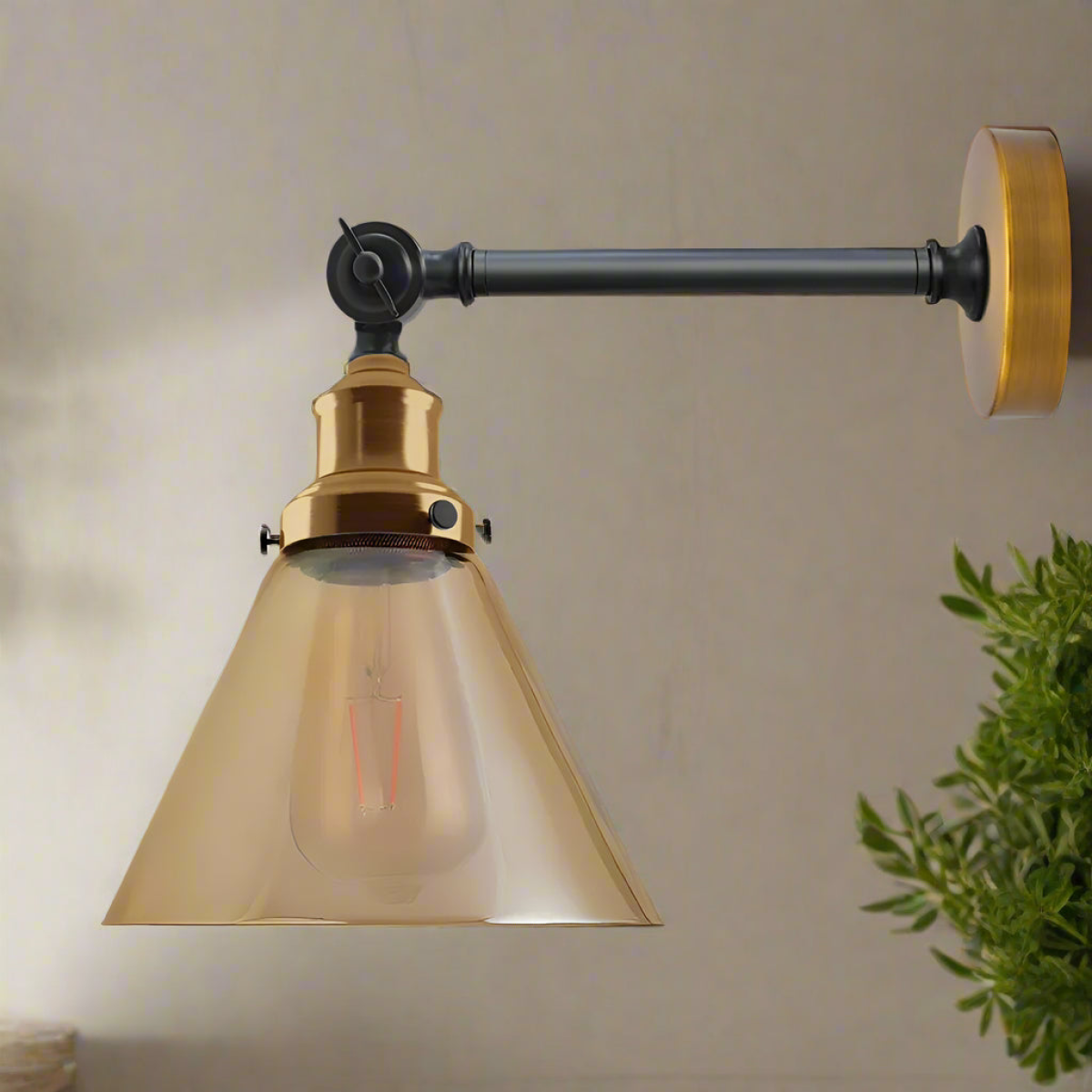 LEDSone Vintage Industrial Amber Glass Wall Light with Copper-Plated Base – Adjustable Bedside Wall Lamp, E27