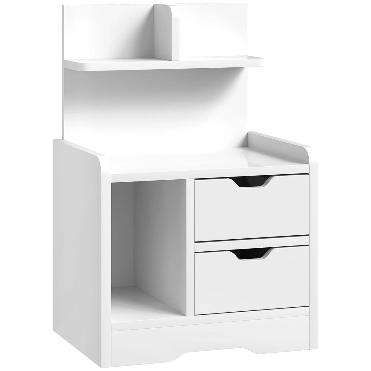 HOMCOM Bedside Table with 2 Drawers and Open Shelves – Cut-Out Handles, High Gloss White Nightstand