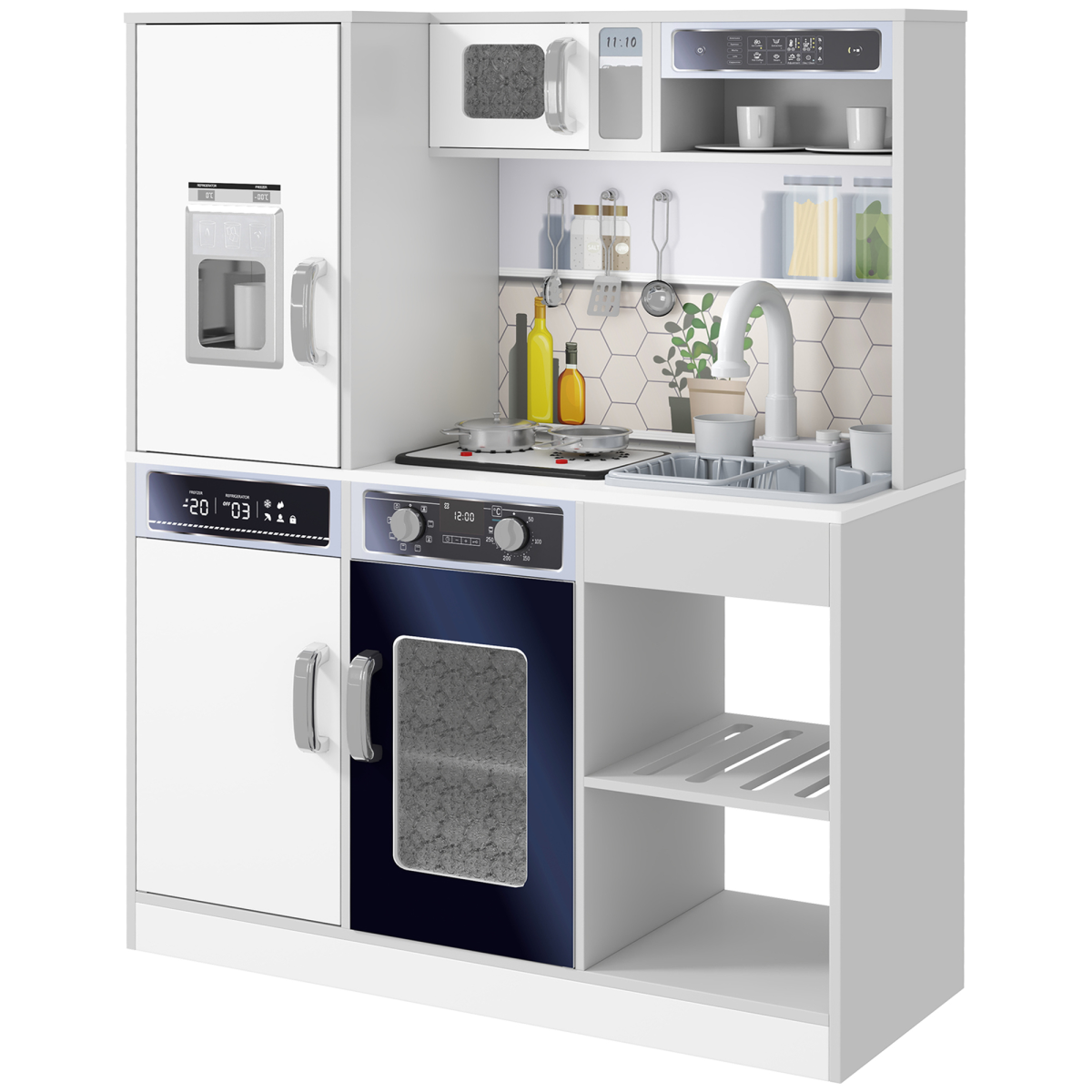 AIYAPLAY Play Kitchen with Lights, Sounds, Microwave, Fridge and Coffee Maker – Pretend Toy Kitchen, White