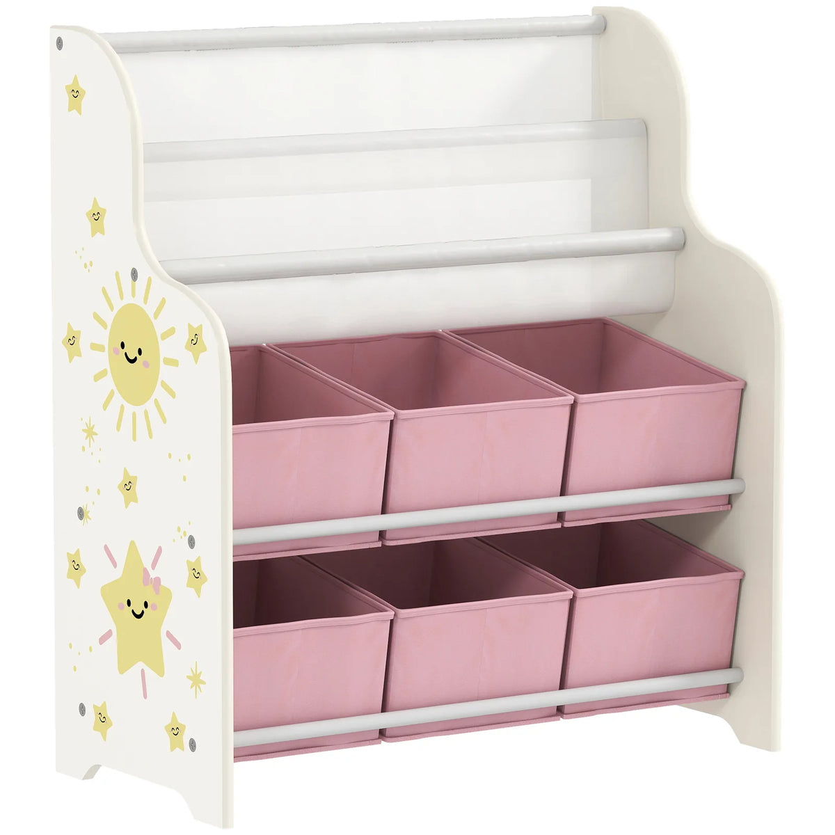 AIYAPLAY Kids Storage Unit with 6 Fabric Drawers & 2-Tier Sling Book Rack – Toy Organiser for Bedroom or Playroom, Pink