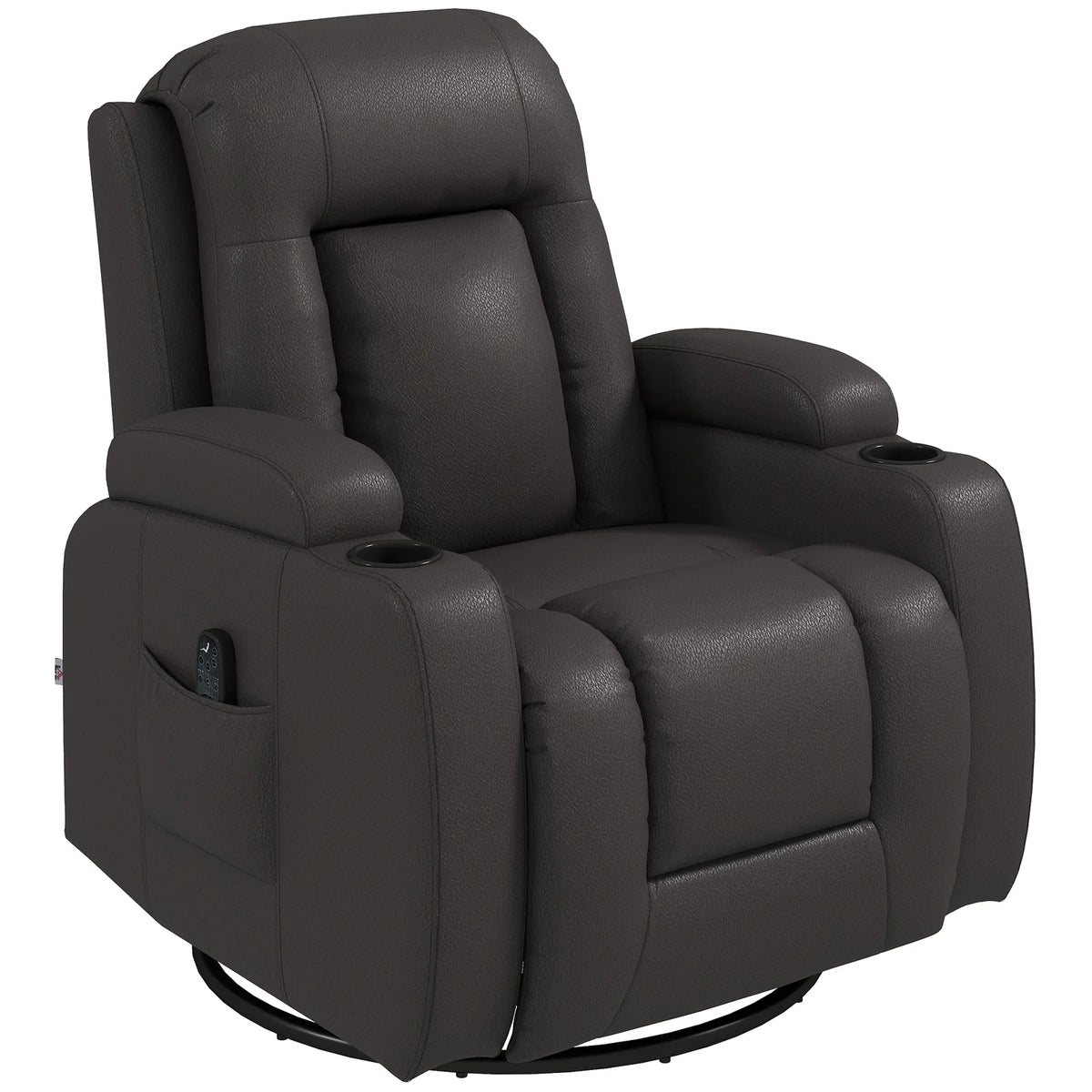 HOMCOM PU Leather Massage Recliner Chair with Heat, Extended Footrest, Cup Holders & Side Pockets – Dark Brown