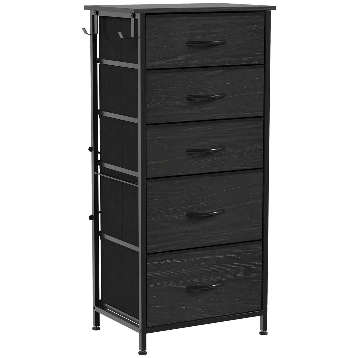 HOMCOM Chest of Drawers with 5 Fabric Drawers, 4 Pockets, 2 Hooks and Steel Frame – Tall Storage, Black