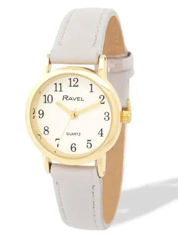 Ravel Ladies Classic Watch – Small Gold-Tone Case, White Dial, Grey Leather Strap, R0137.33.2