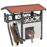 PawHut Outdoor Cat House with Balcony, Stairs and Asphalt Roof – Elevated Fir Wood Cat Shelter