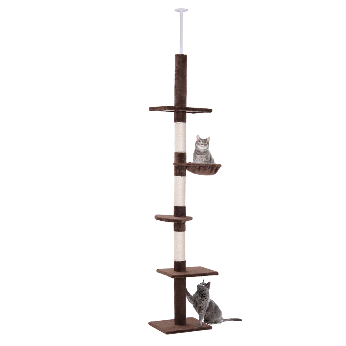 PawHut Floor to Ceiling Cat Tree with 5 Tiers & Scratching Post – Adjustable 230-260cm Kitty Tower, Brown
