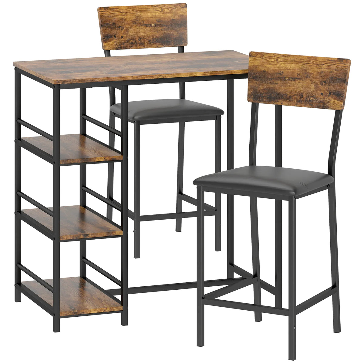 HOMCOM Three-Piece Compact Bar Table Set with 2 PU Leather Chairs and Side Shelves – Brown/Black