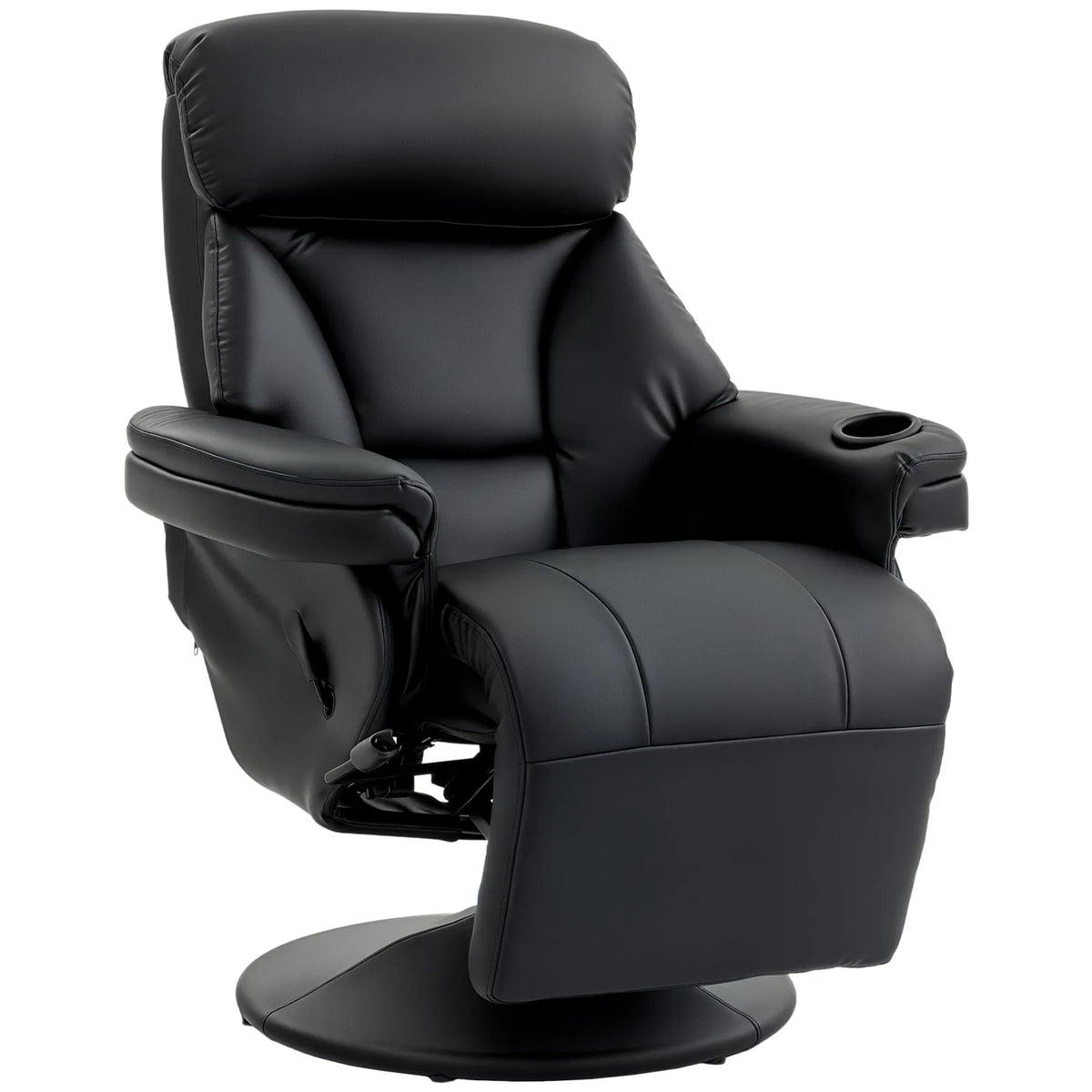 HOMCOM PU Leather Manual Recliner Armchair with 360° Swivel, Footrest and Cup Holder – Living Room Chair, Black