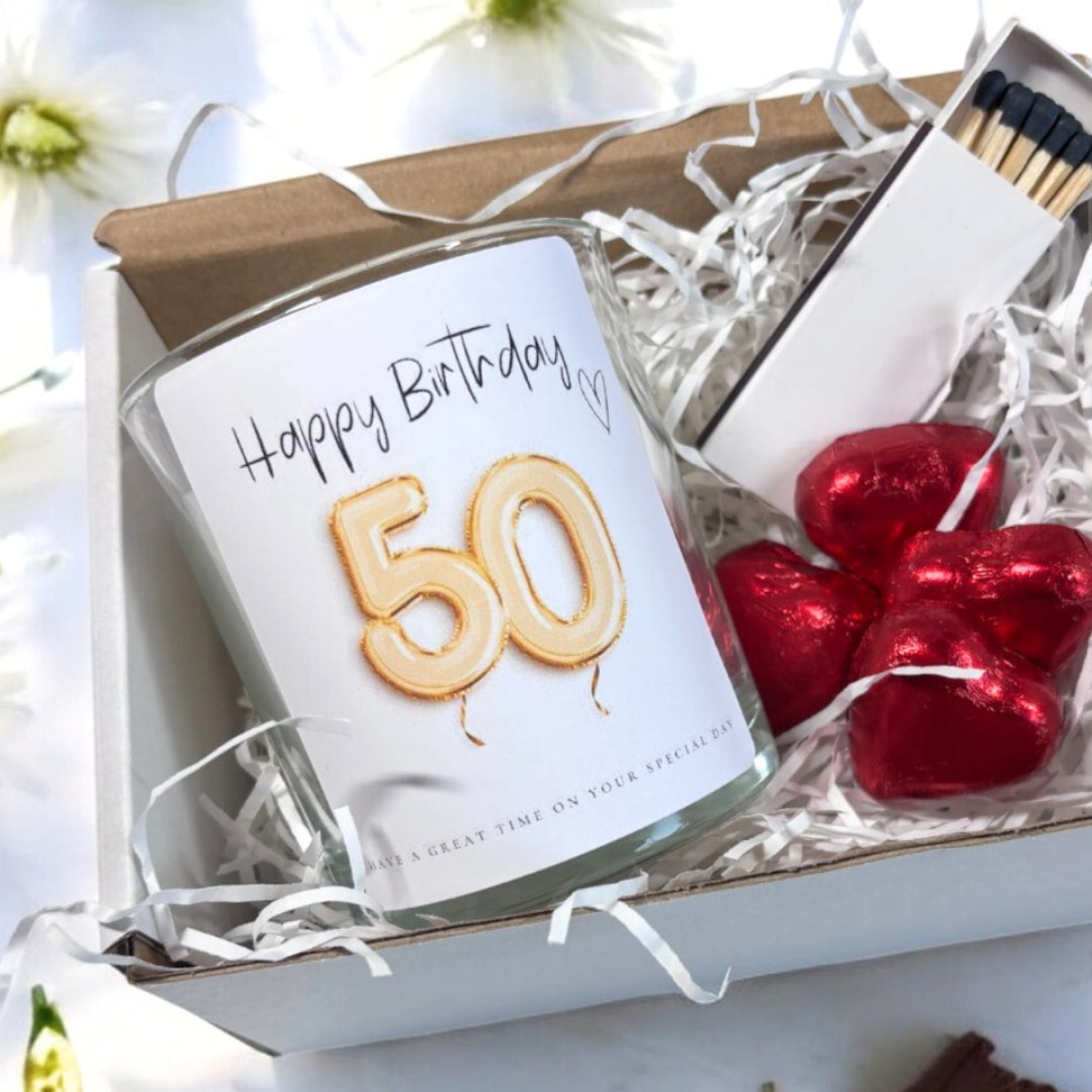 Aye Do Gifts 50th Birthday Gold Balloons Candle Gift Set with Chocolates – Birthday Present for Daughter or Mum