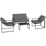 Outsunny 4-Piece Garden Sofa Set with 2 Armchairs, Loveseat & Tempered Glass Coffee Table – Patio Furniture, Grey