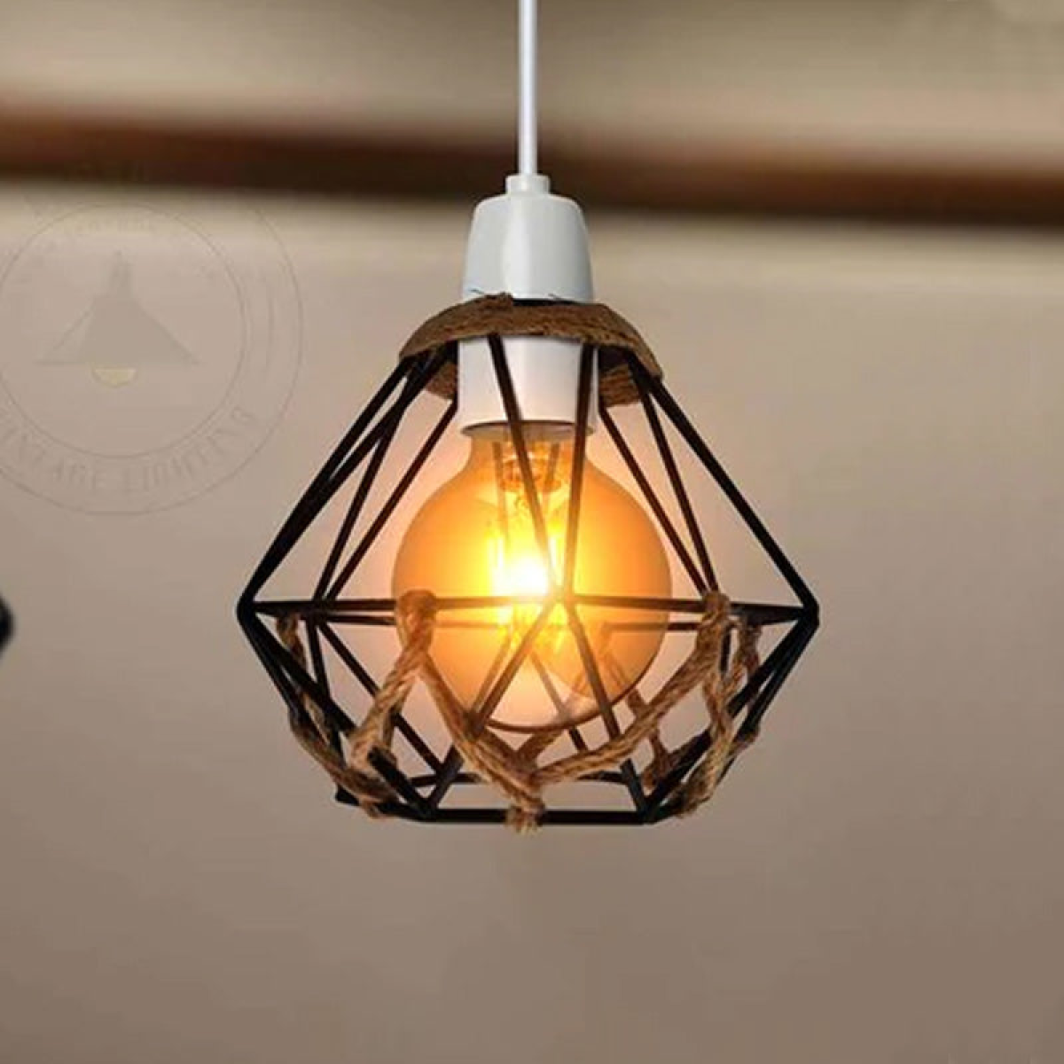 LEDSone Vintage Diamond Hemp Rope Lampshade with Reducer Ring – Metal Cage Pendant Light Shade, Black
