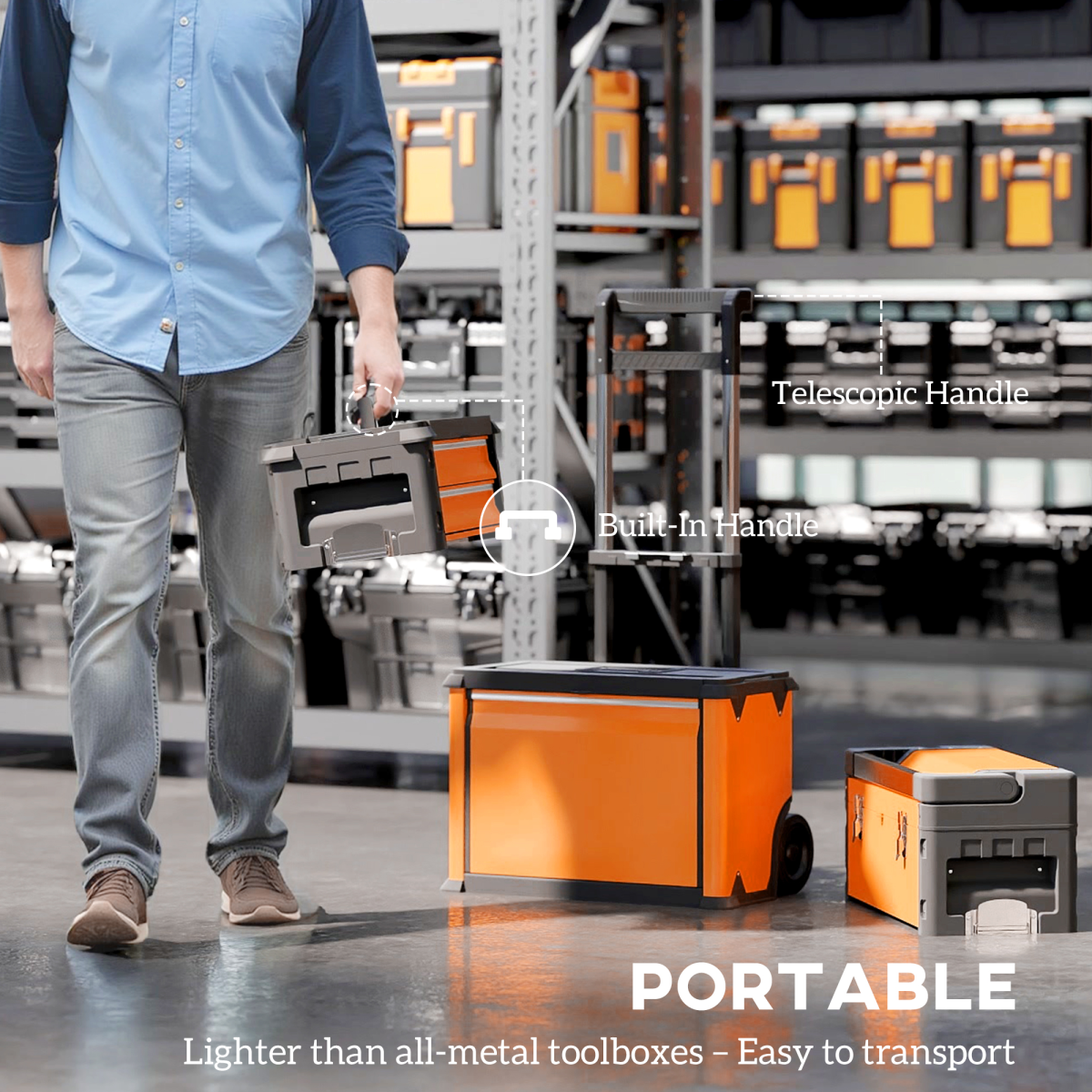 3-Tier Stackable Rolling Tool Box with Drawers, Tray & Telescopic Handle – Steel Tool Storage, Orange and Black